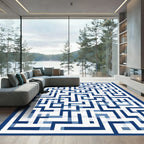 Geometric Blue Maze Linework Rug