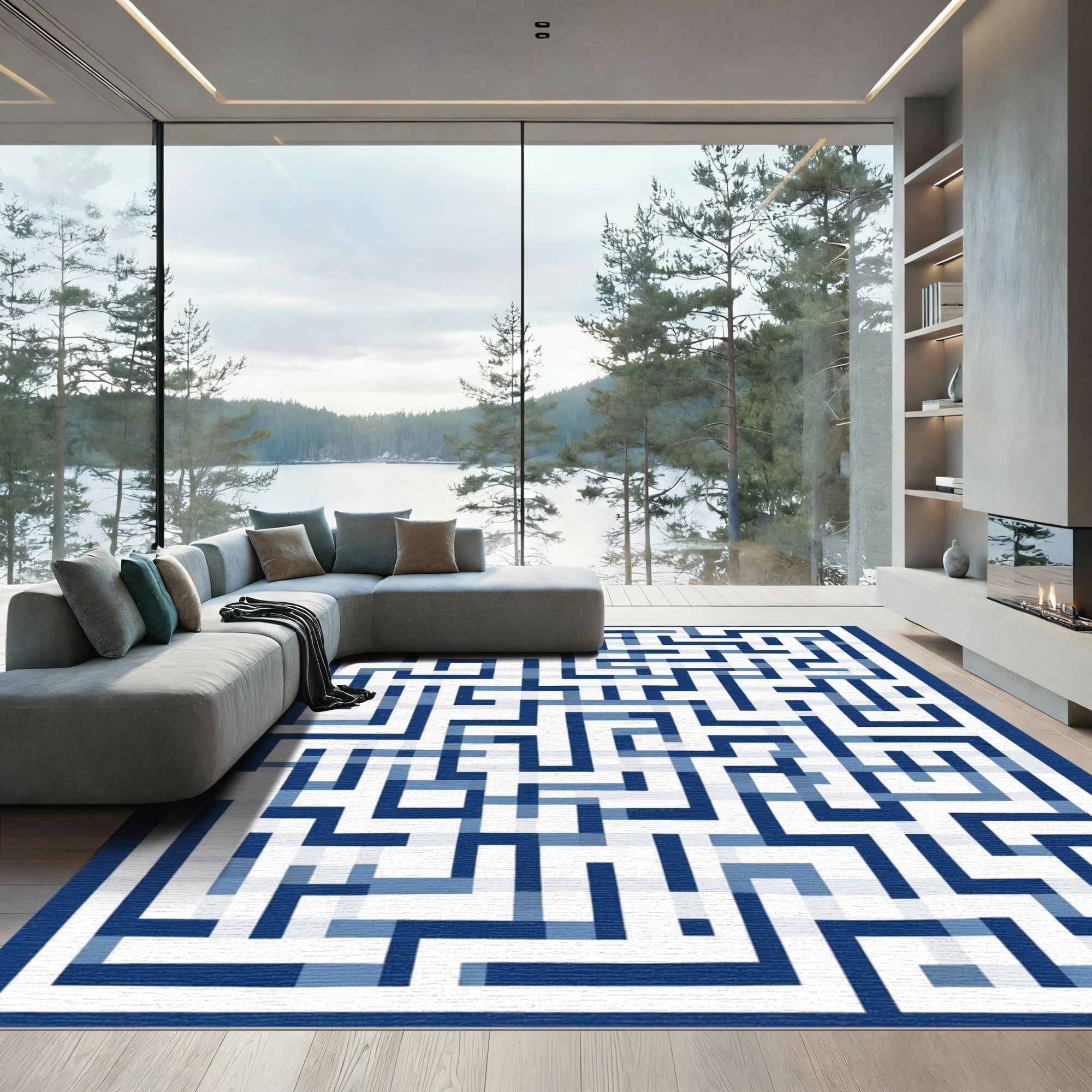 Geometric Blue Maze Linework Rug