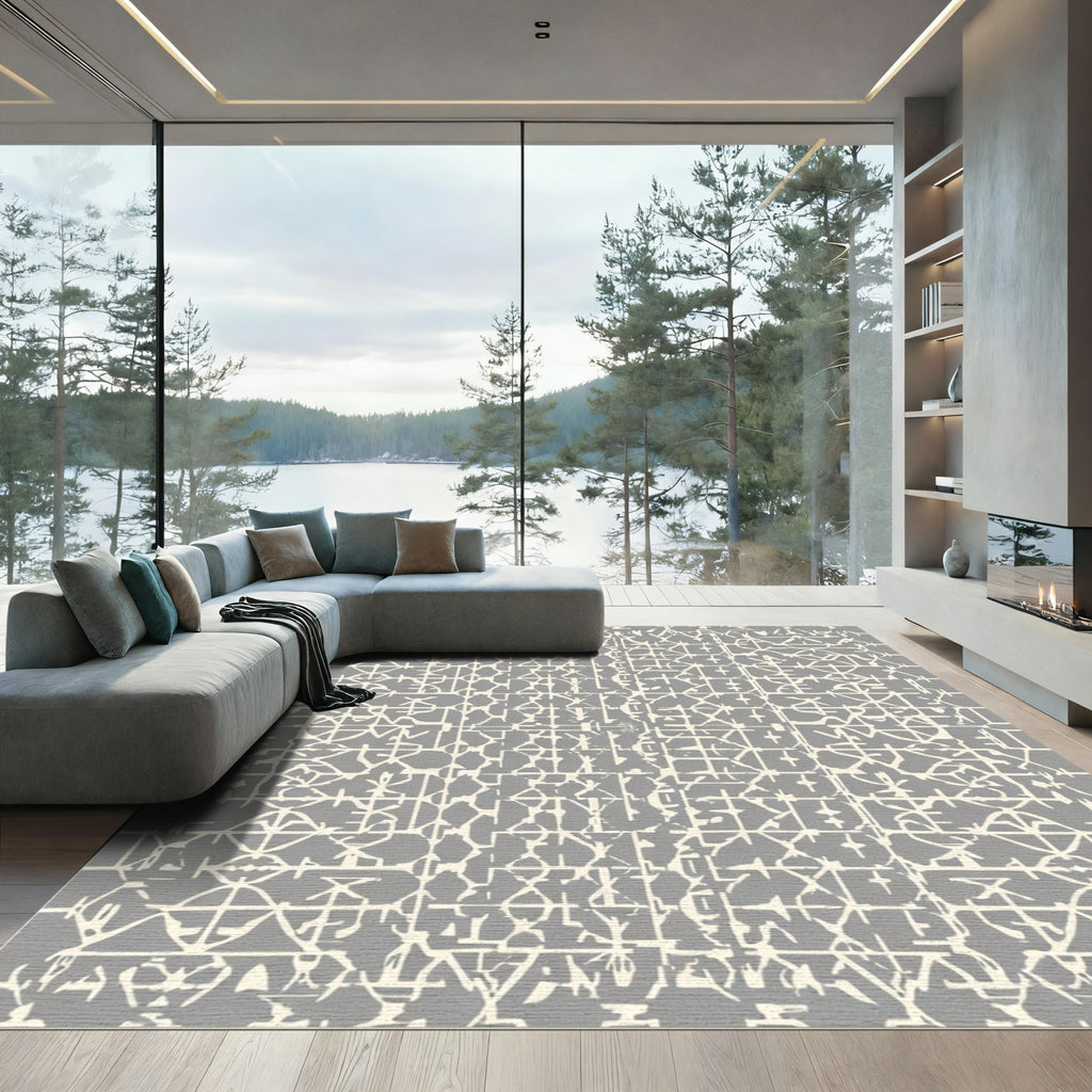 Neutral Gray Geometric Lattice Abrasion Rug