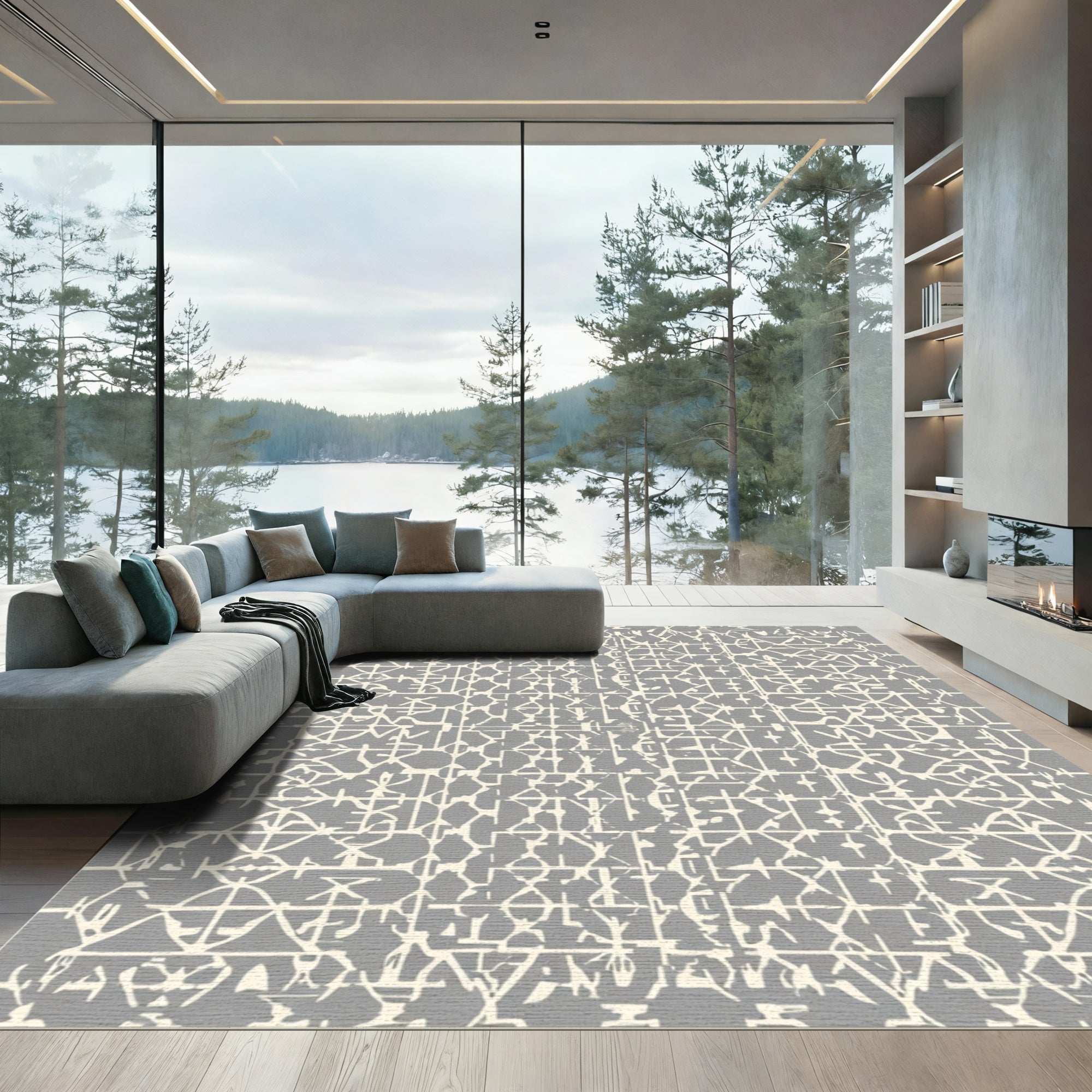 Neutral Gray Geometric Lattice Abrasion Rug