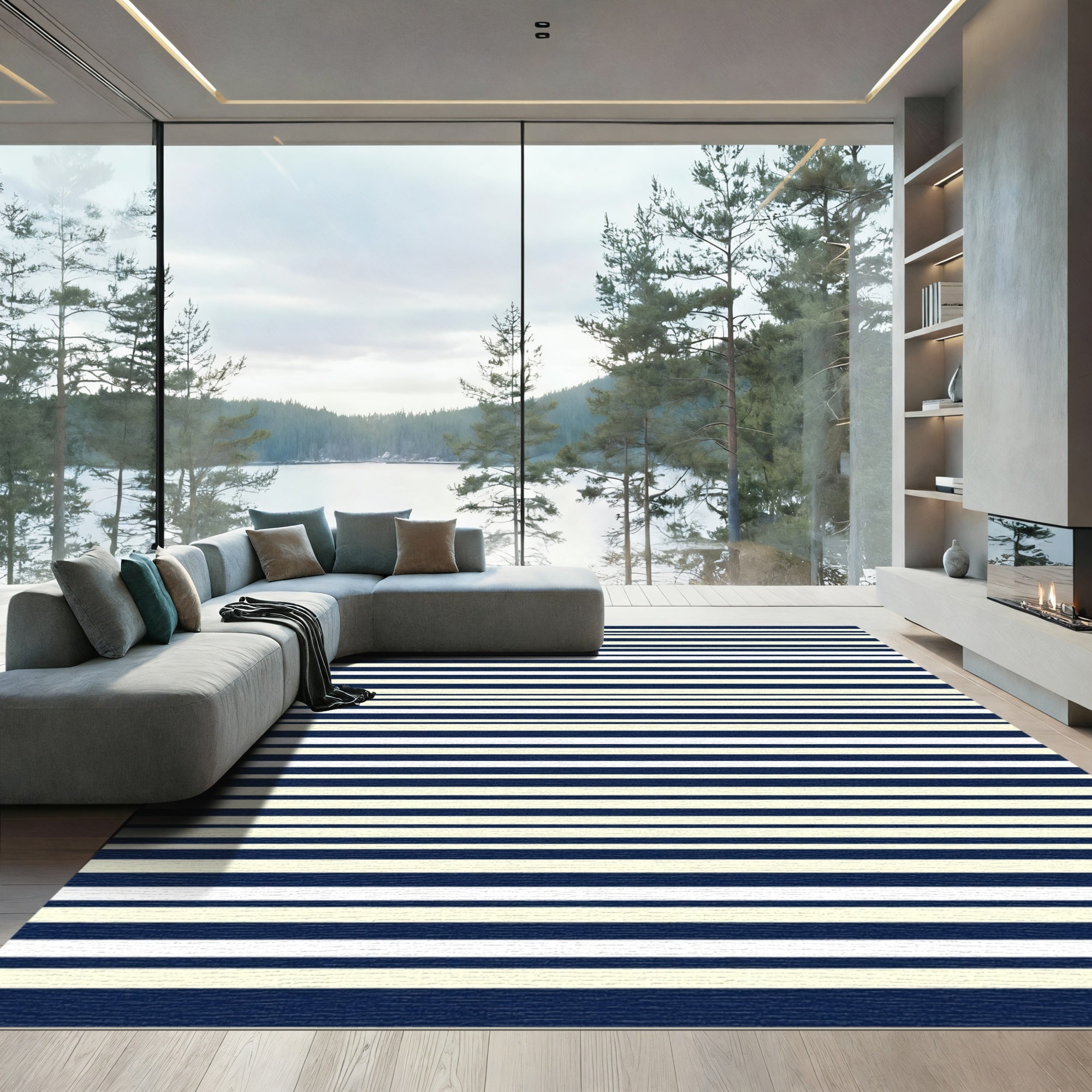 Navy Cream Horizontal Stripe Accent Rug