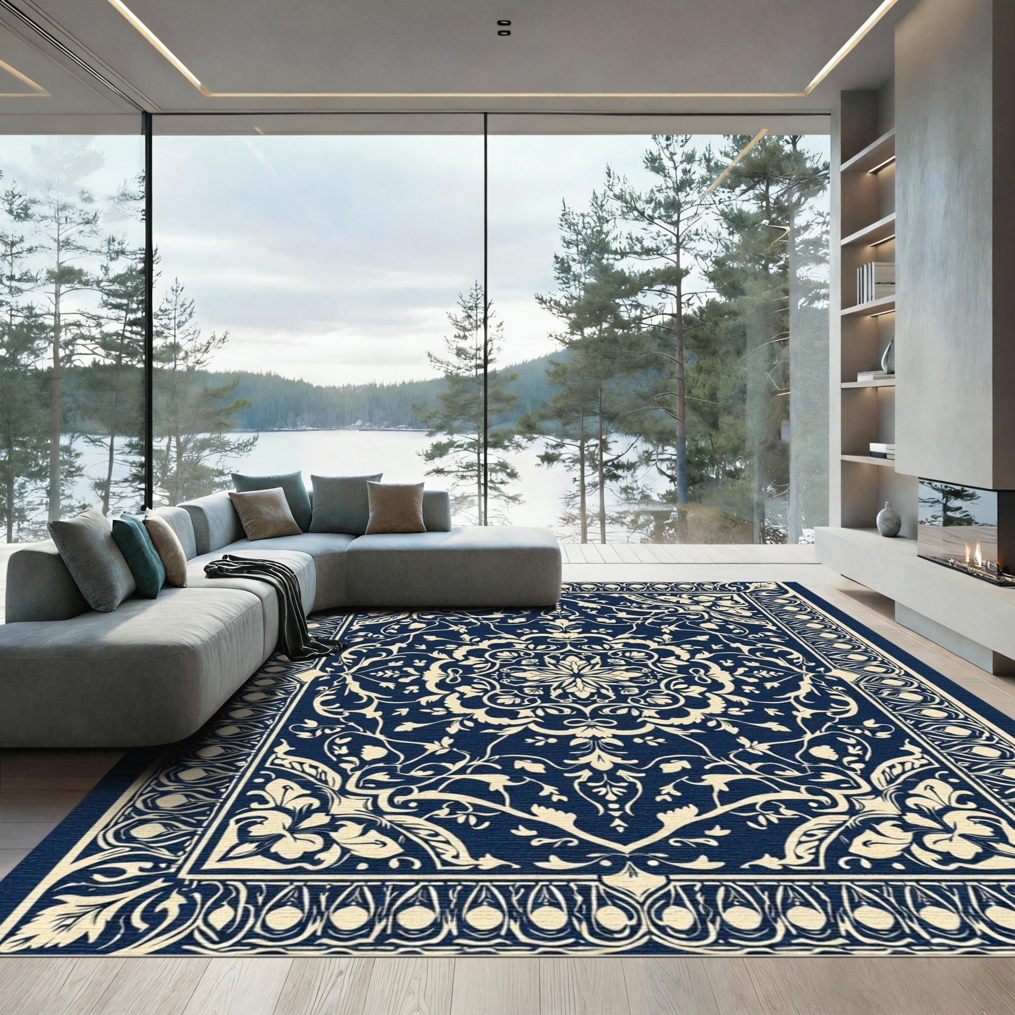 Navy Ivory Intricate Floral Medallion Rug