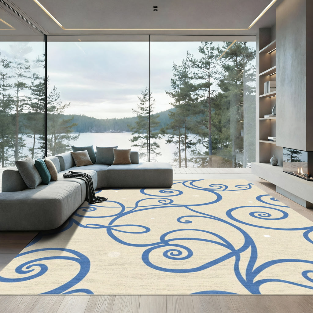 Cream Blue Swirl Vines Rug