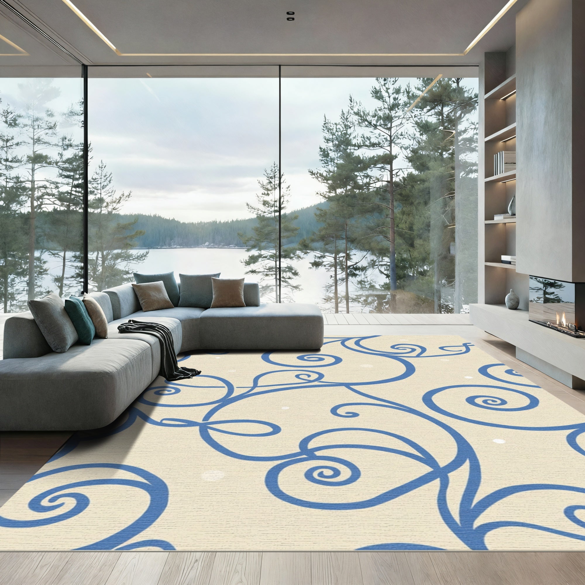 Cream Blue Swirl Vines Rug