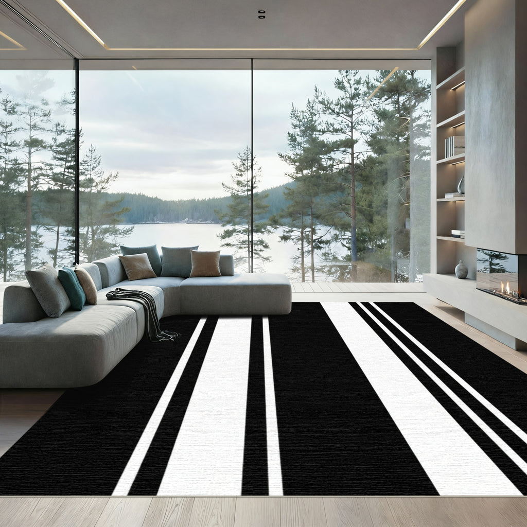 Striking Black White Parallel Bands Rug