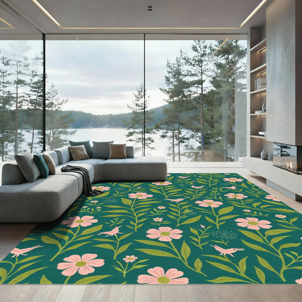 Pink Floral Woodland Bird Pattern Rug