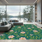 Pink Floral Woodland Bird Pattern Rug