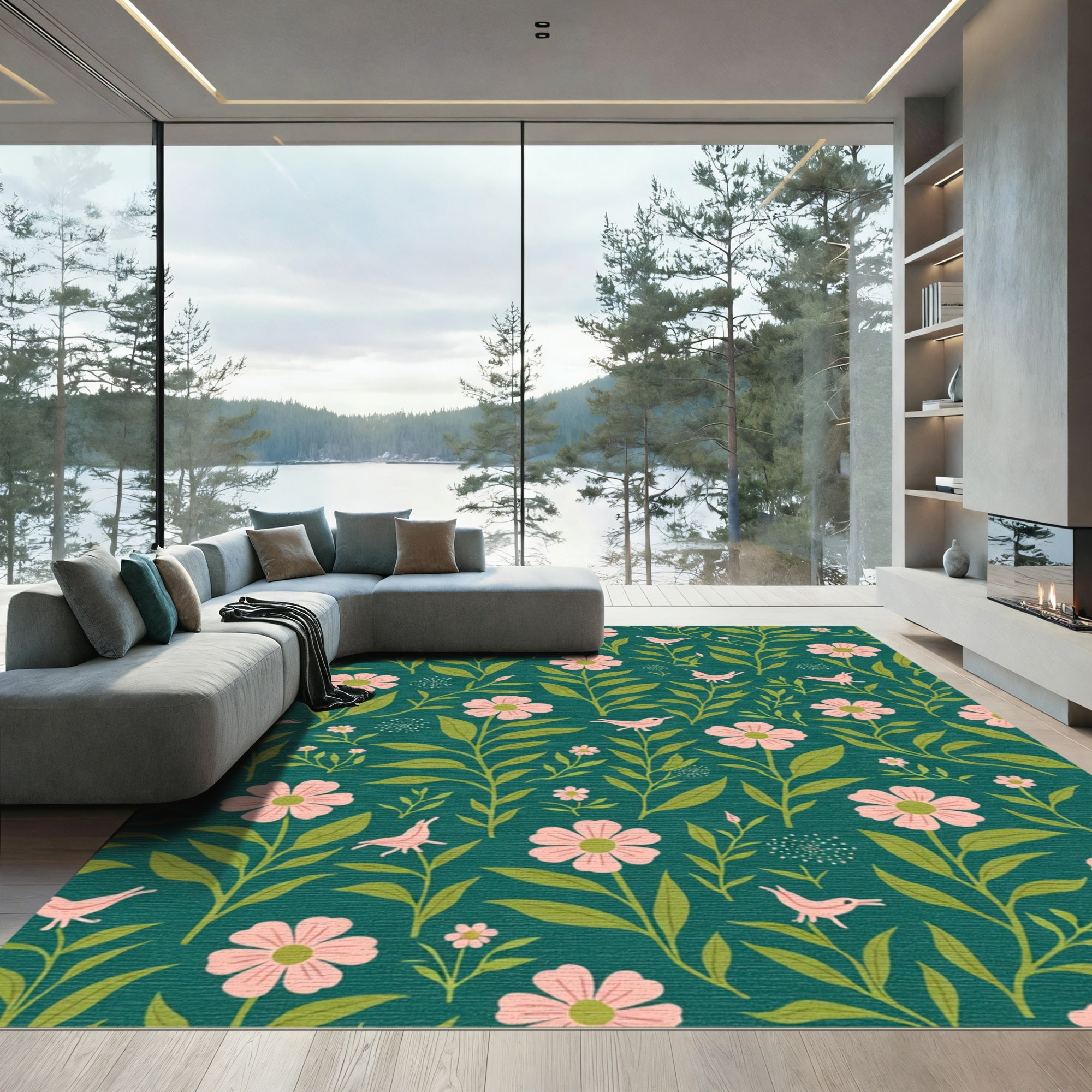 Pink Floral Woodland Bird Pattern Rug