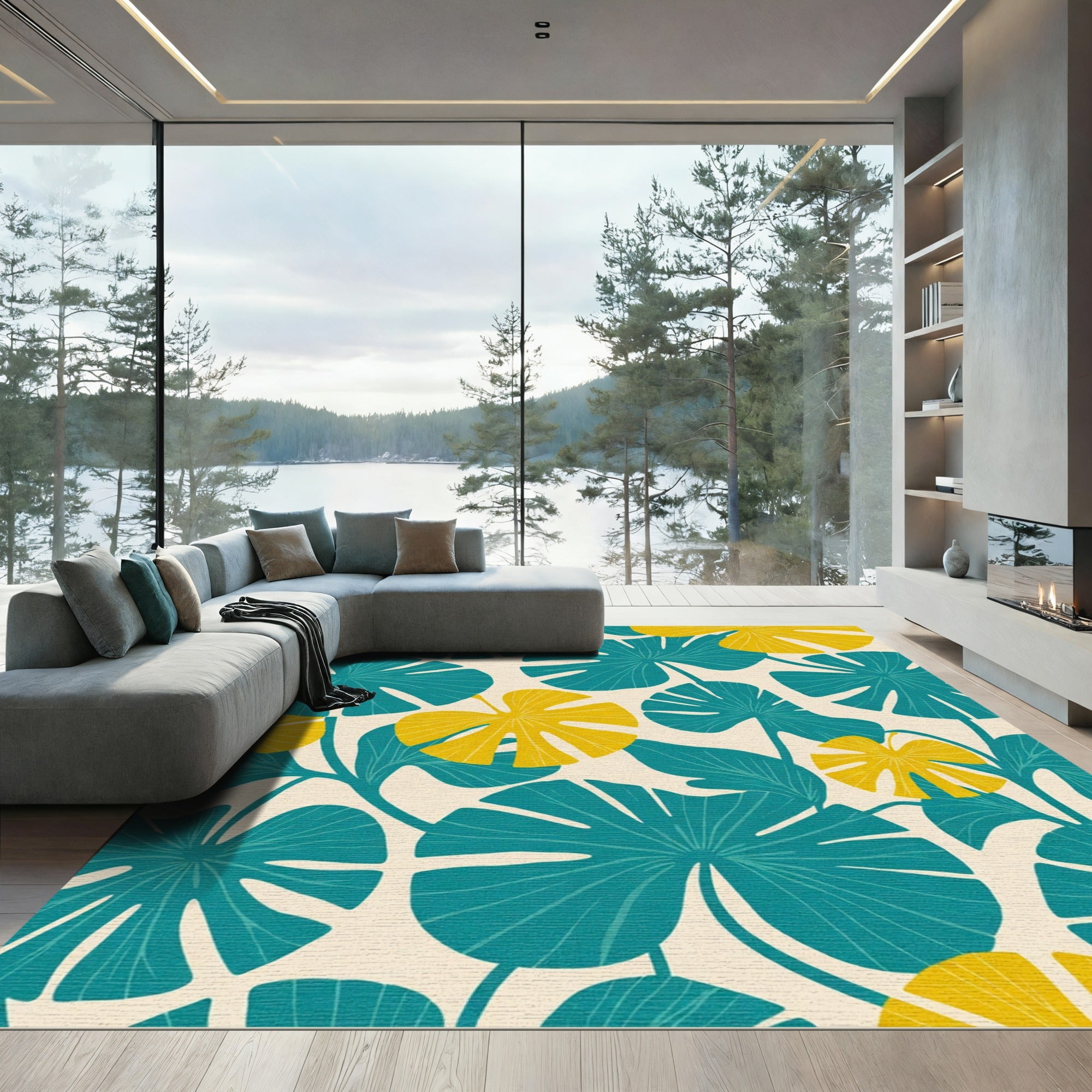 Teal Yellow Monstera Tropical Leaf Rug