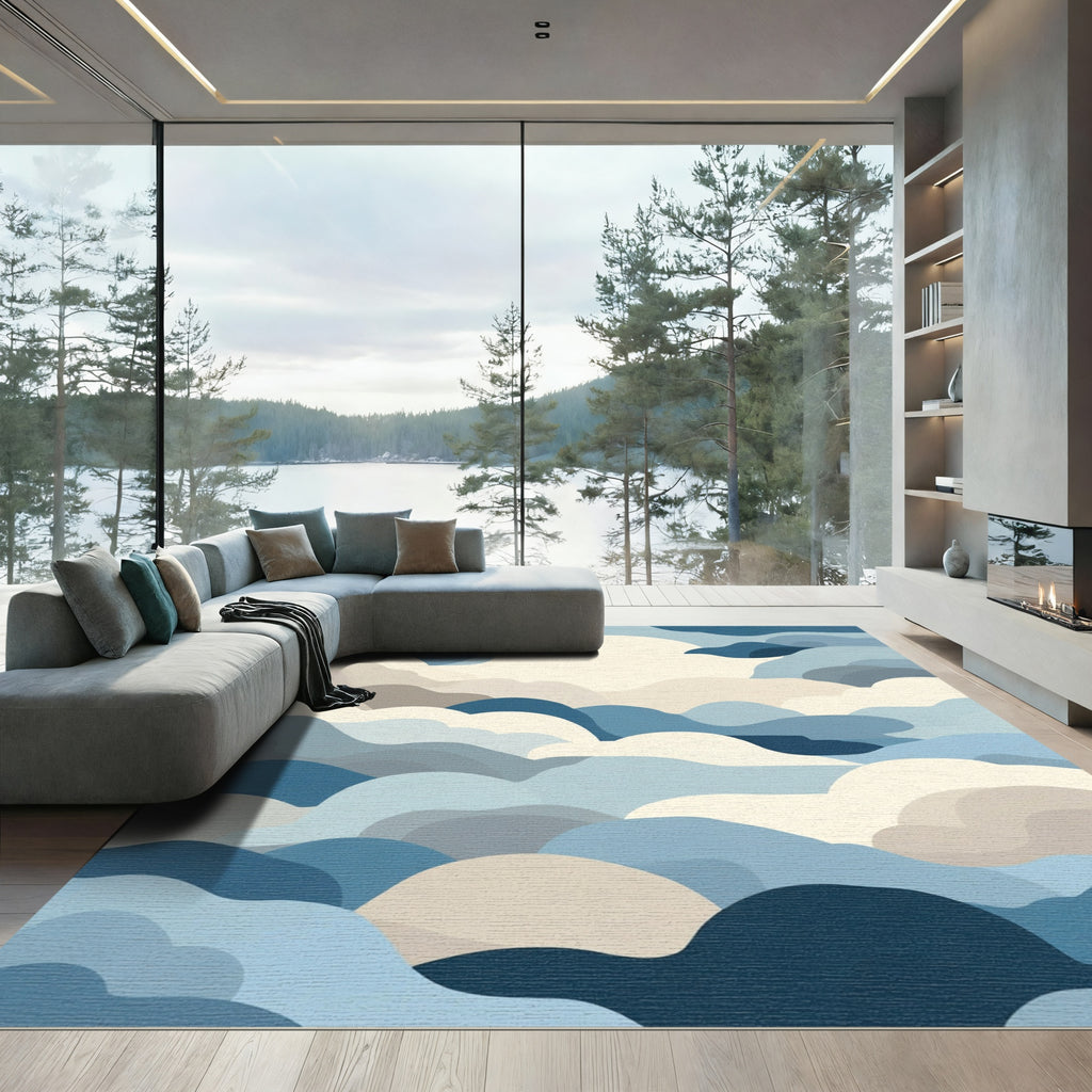 Serene Blue Cloudscape Layered Abstraction Rug