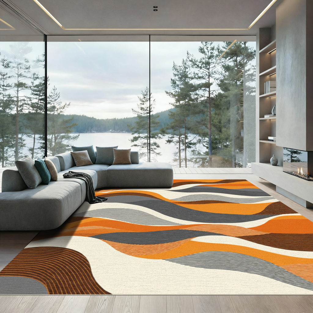 Warm Orange Abstract Wavy Landscape Rug
