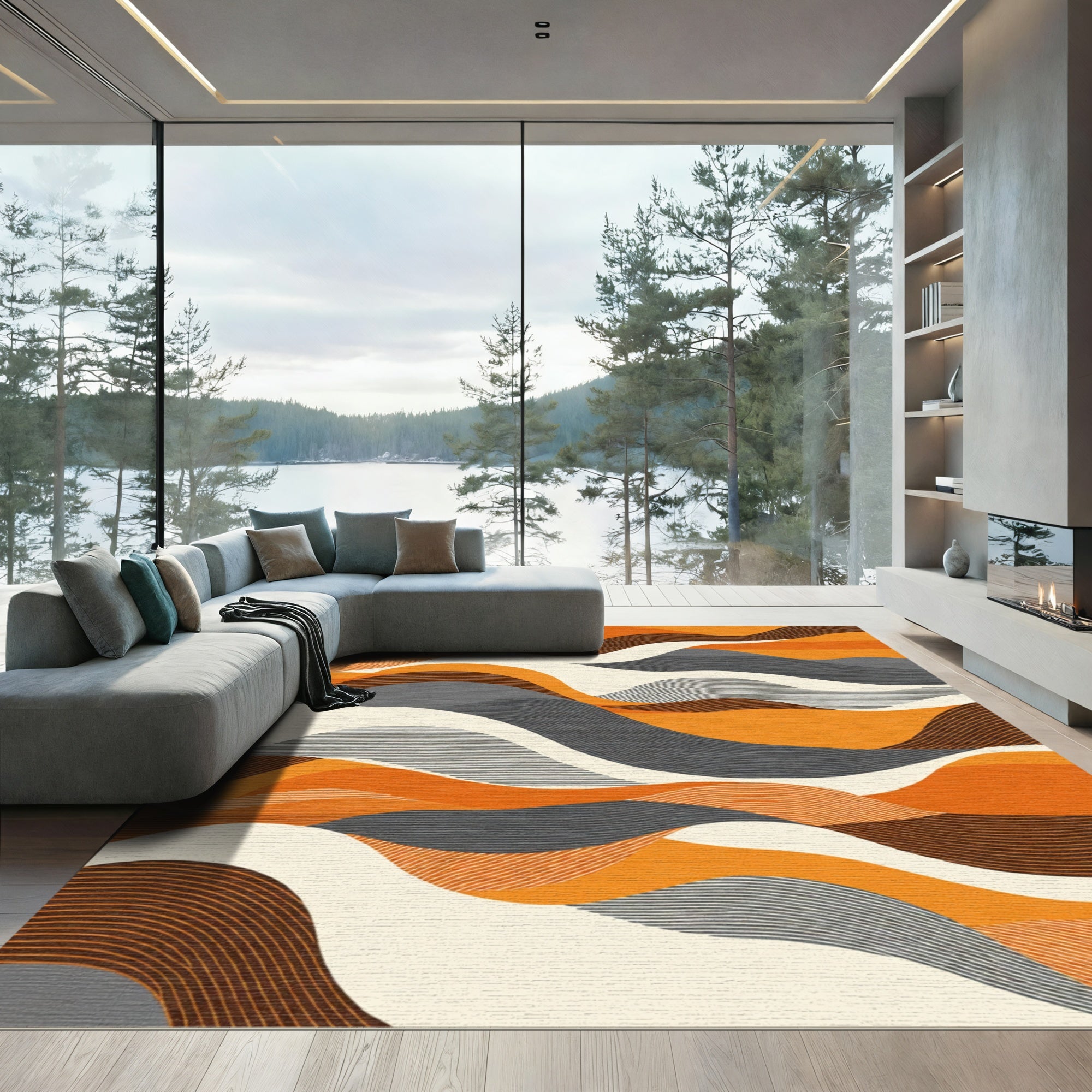 Warm Orange Abstract Wavy Landscape Rug