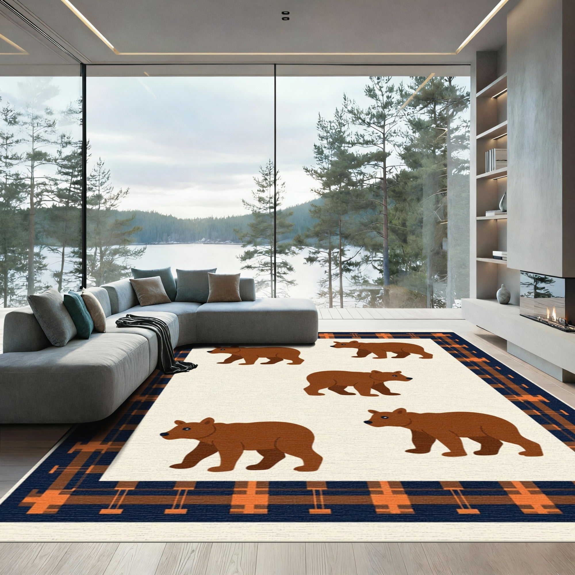 Brown Bear Plaid Border Rug
