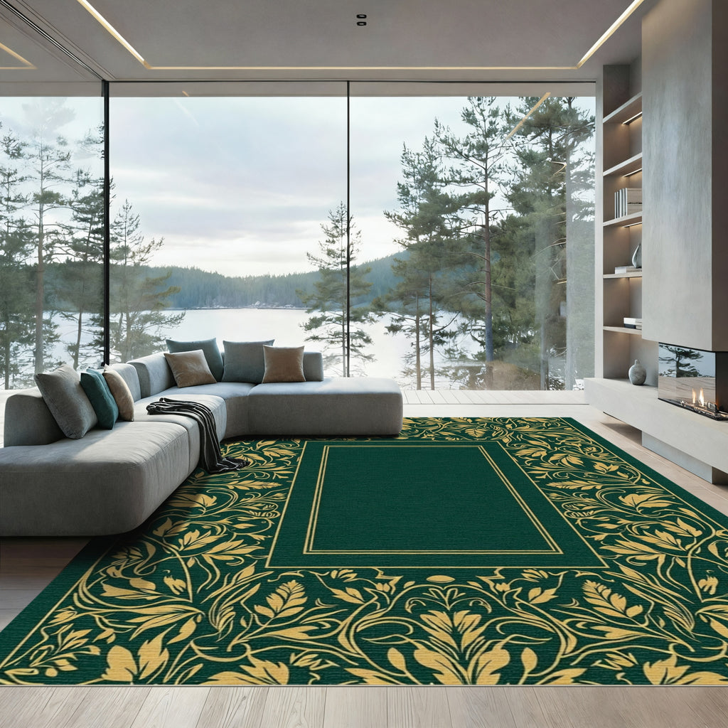 Emerald Green Gold Vine Border Rug