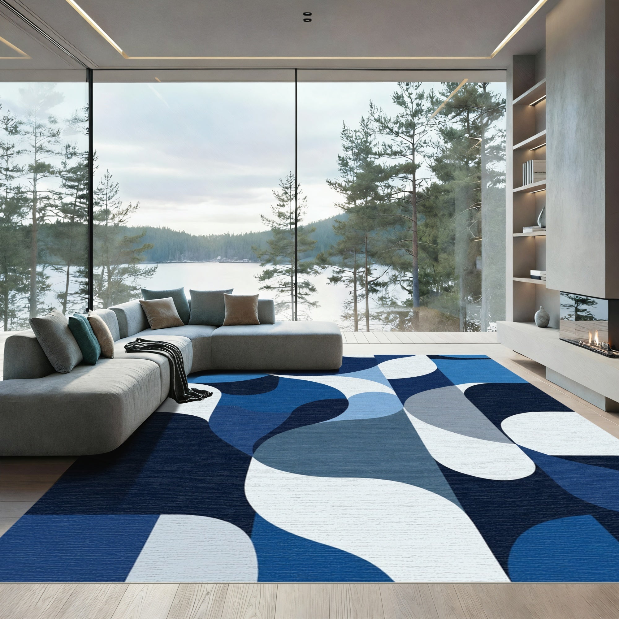 Mid Century Blue Abstract Organic Shapes Rug