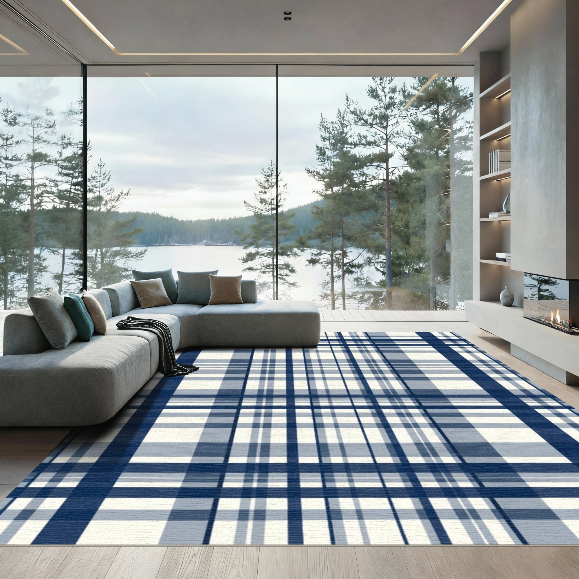 Classic Navy Cream Plaid Rug