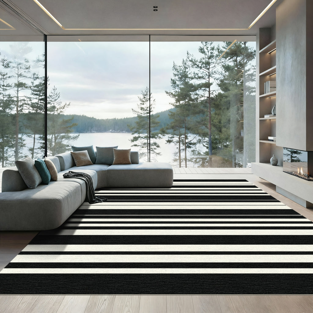 Bold Black White Stripe Texture Rug
