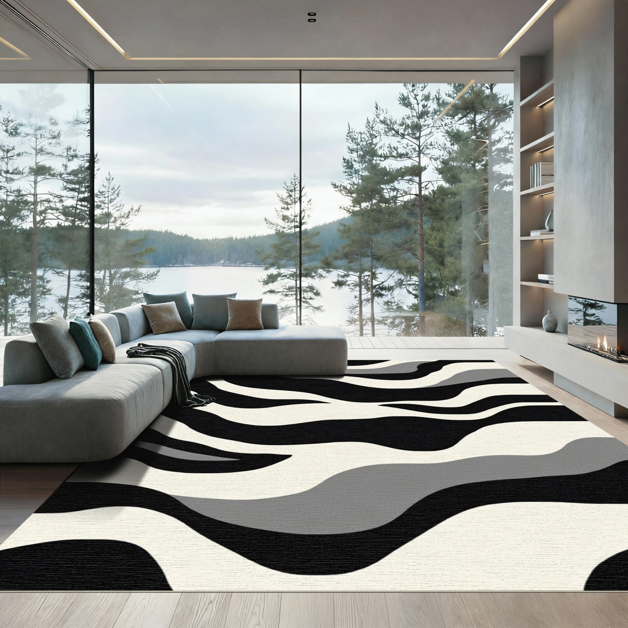 Bold Black White Gray Wave Rug
