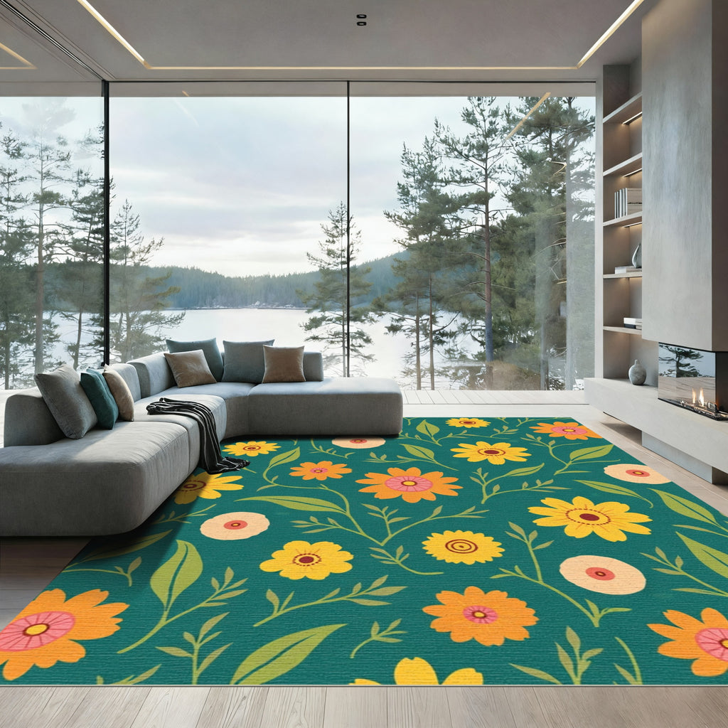 Teal Daisy Garden Floral Rug
