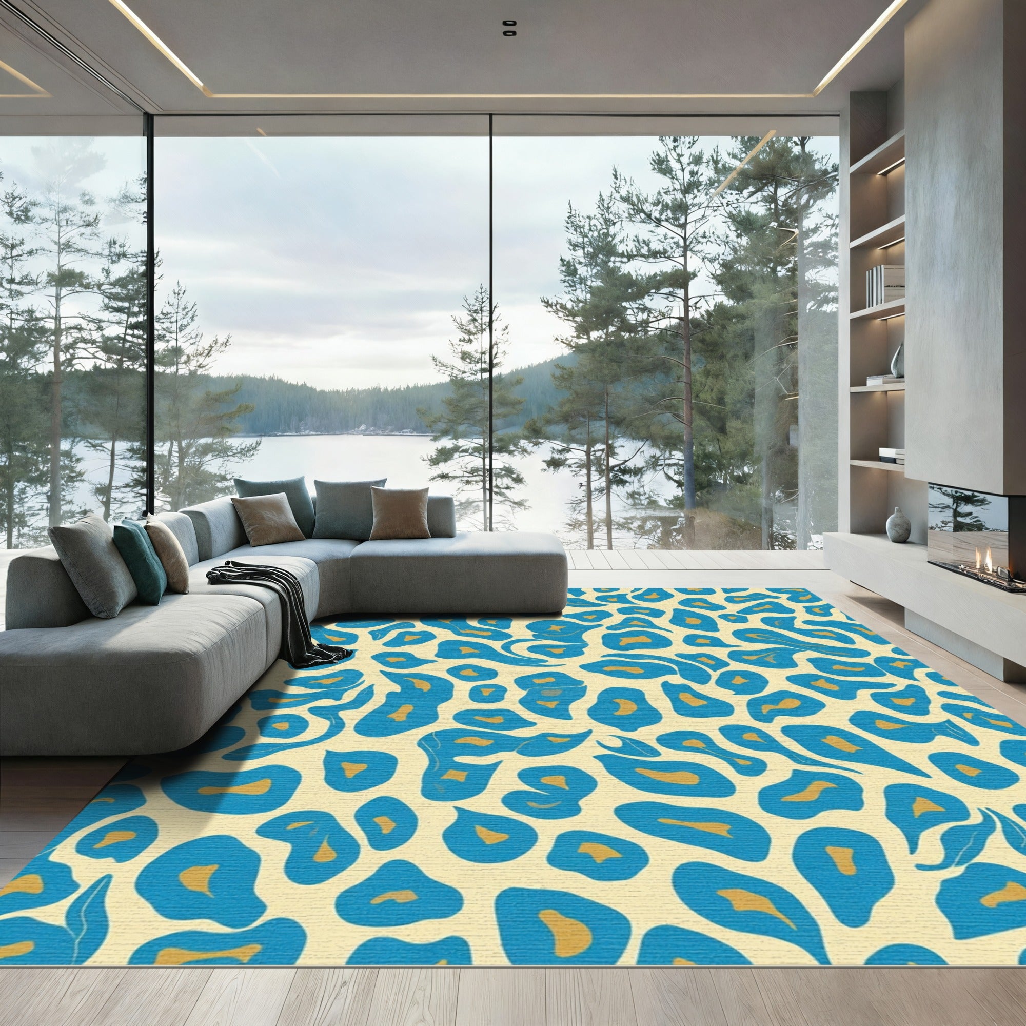 Blue Gold Abstract Spots Rug