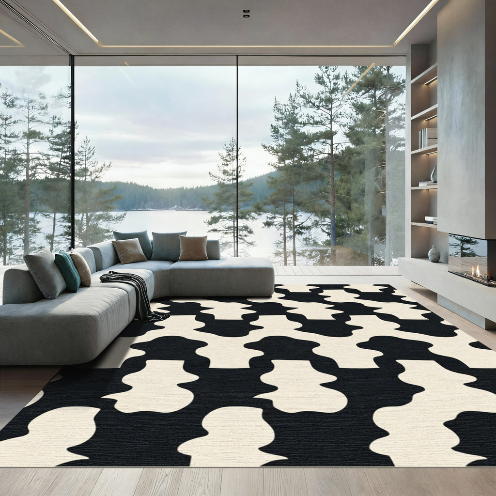 Cream Black Organic Interlocking Shapes Rug
