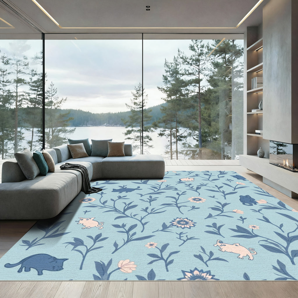 Blue Whimsical Floral Cats Rug