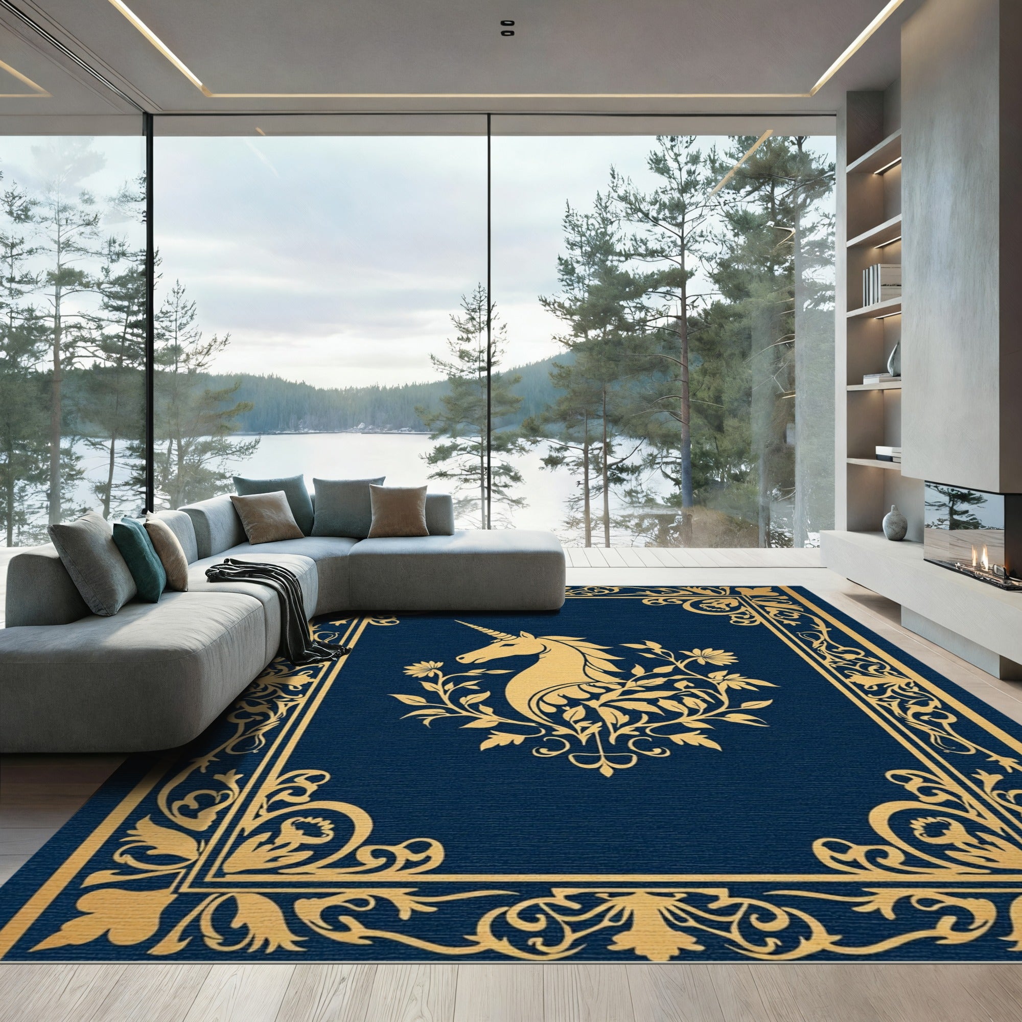 Golden Unicorn Floral Border Rug