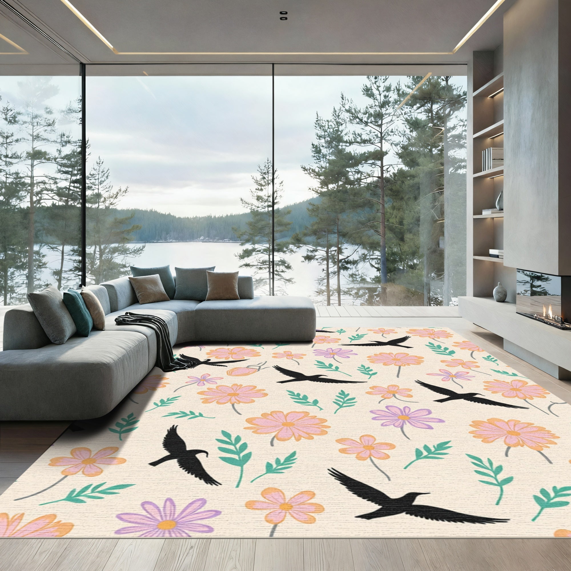 Whimsical Flying Birds Floral Field Rug