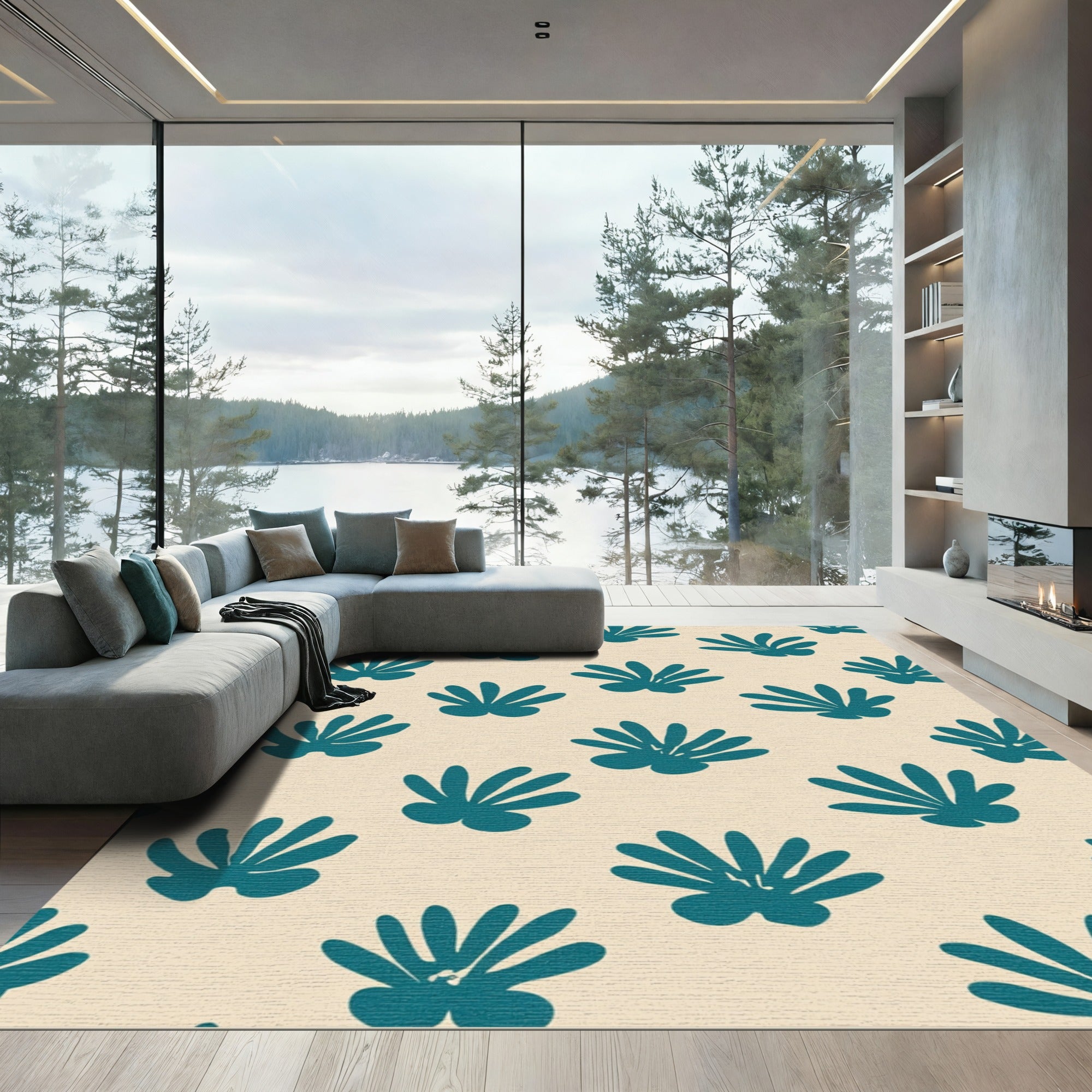 Teal Abstract Botanicals On Cream Background Rug