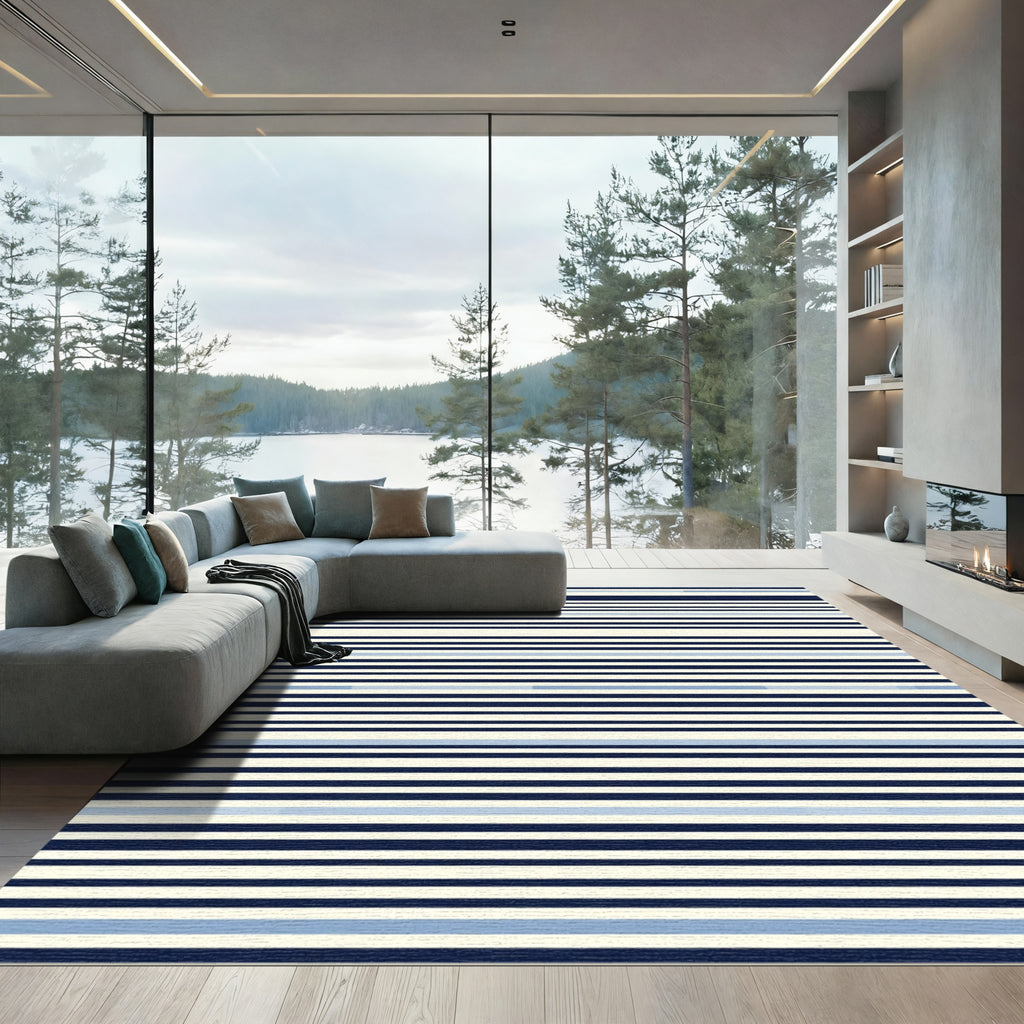 Navy Cream Blue Stripe Rug