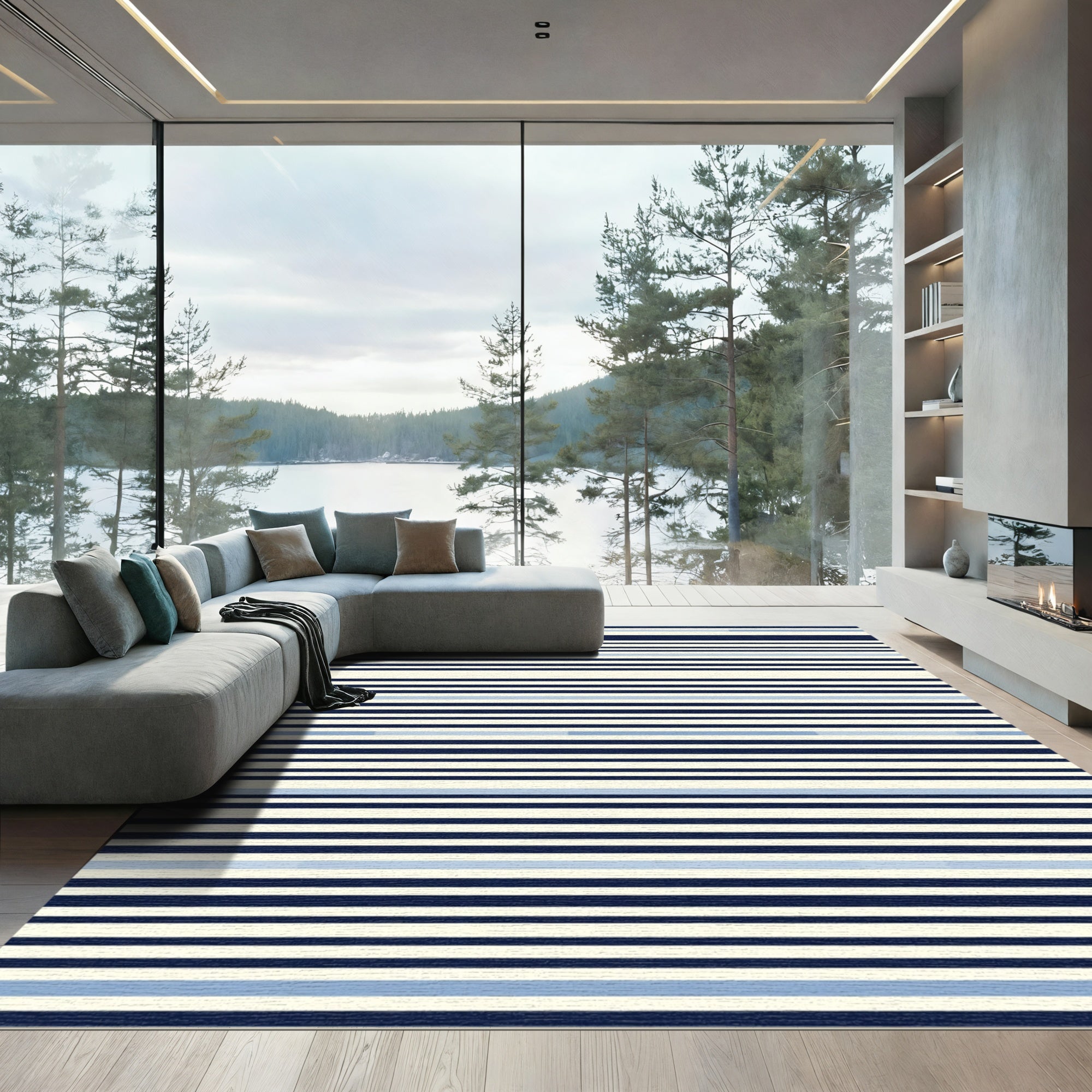 Navy Cream Blue Stripe Rug