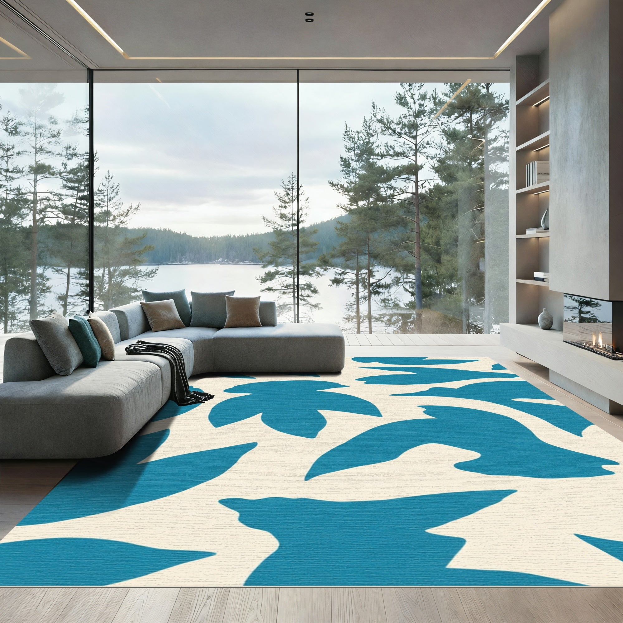 Teal Abstract Leafy Silhouette Rug