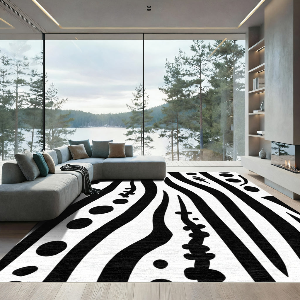 Black White Organic Stripe Dot Rug