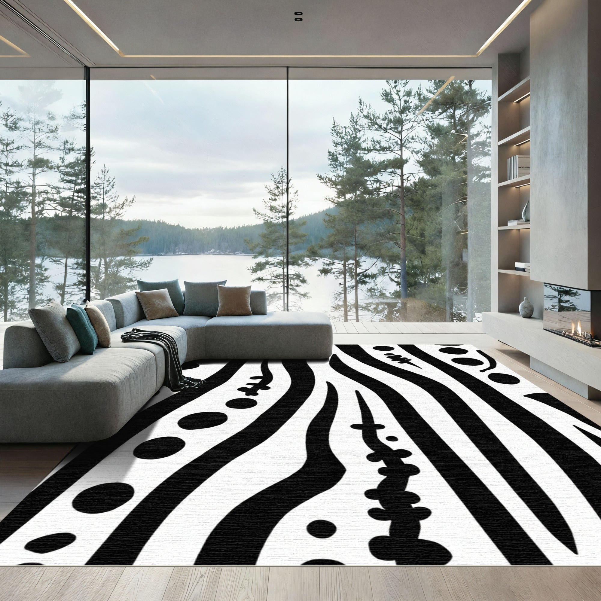 Black White Organic Stripe Dot Rug