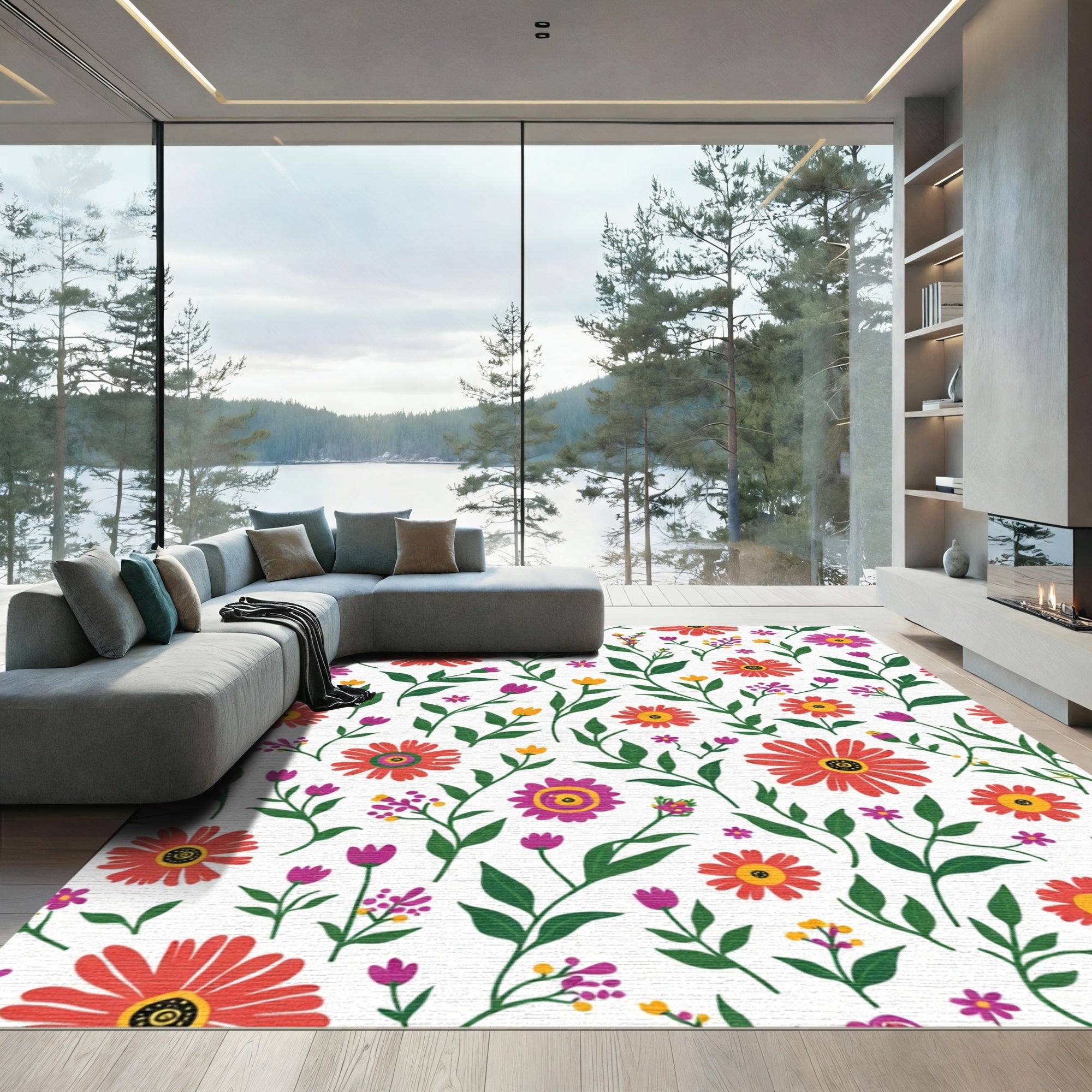 Bright Red Pink Yellow Floral Meadow Rug