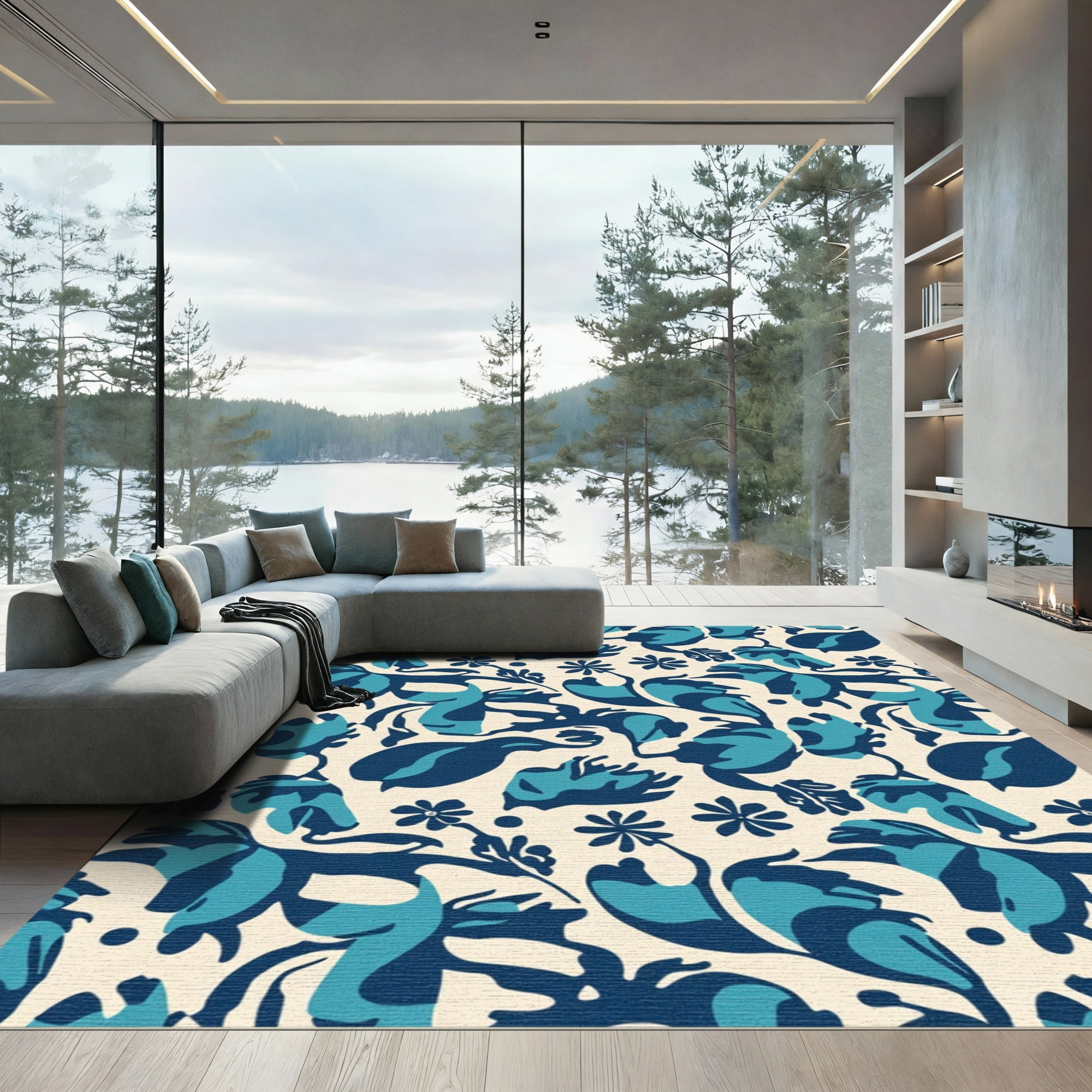 Deep Blue Tropical Floral Garden Rug