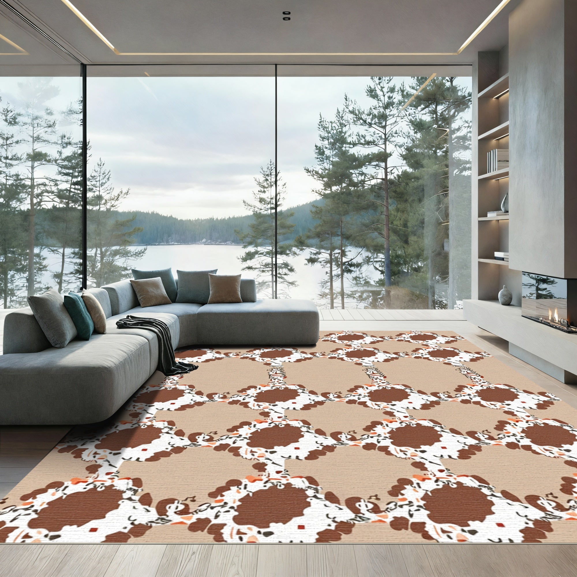 Brown White Abstract Diamond Grid Rug