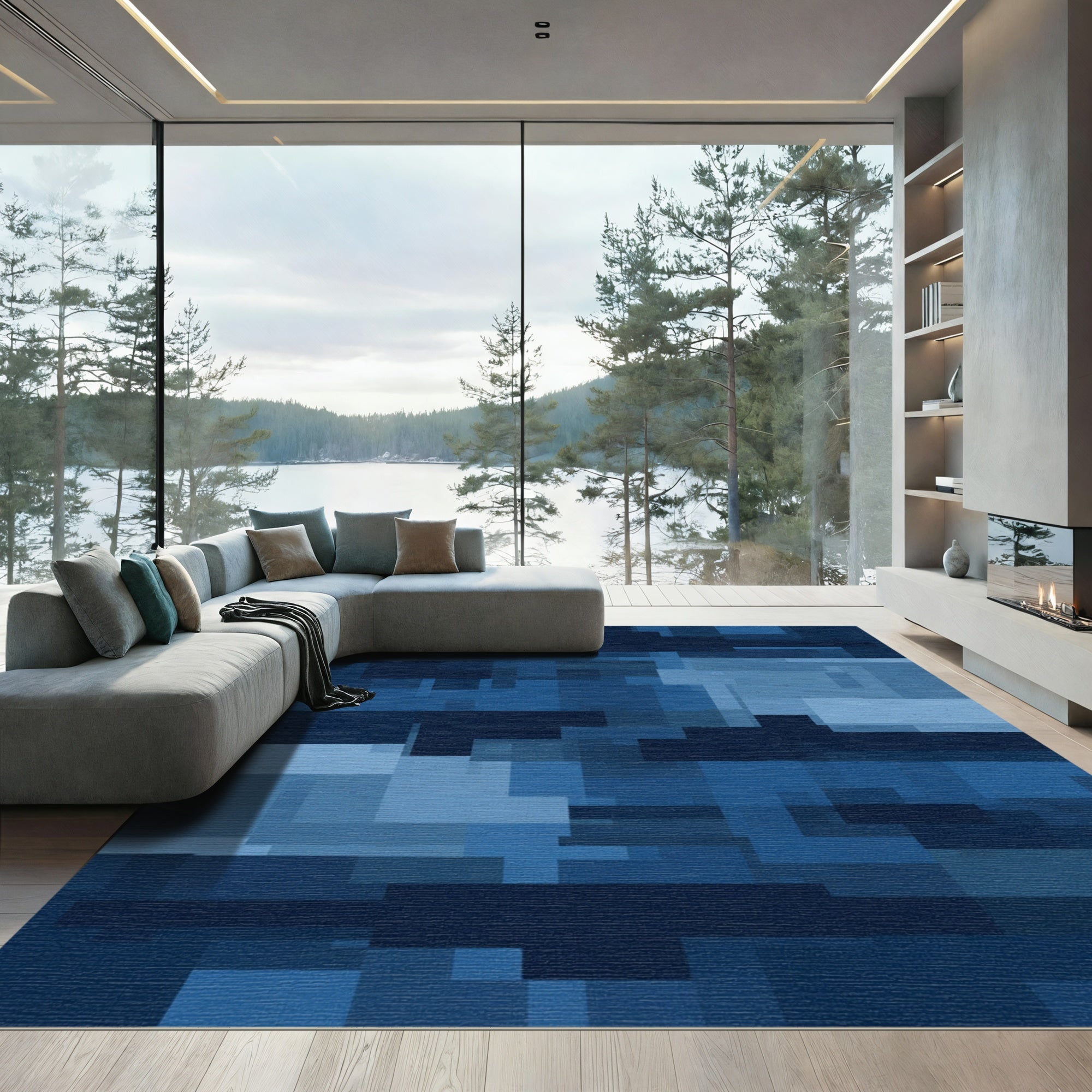 Modern Deep Blue Rectangular Abstract Rug