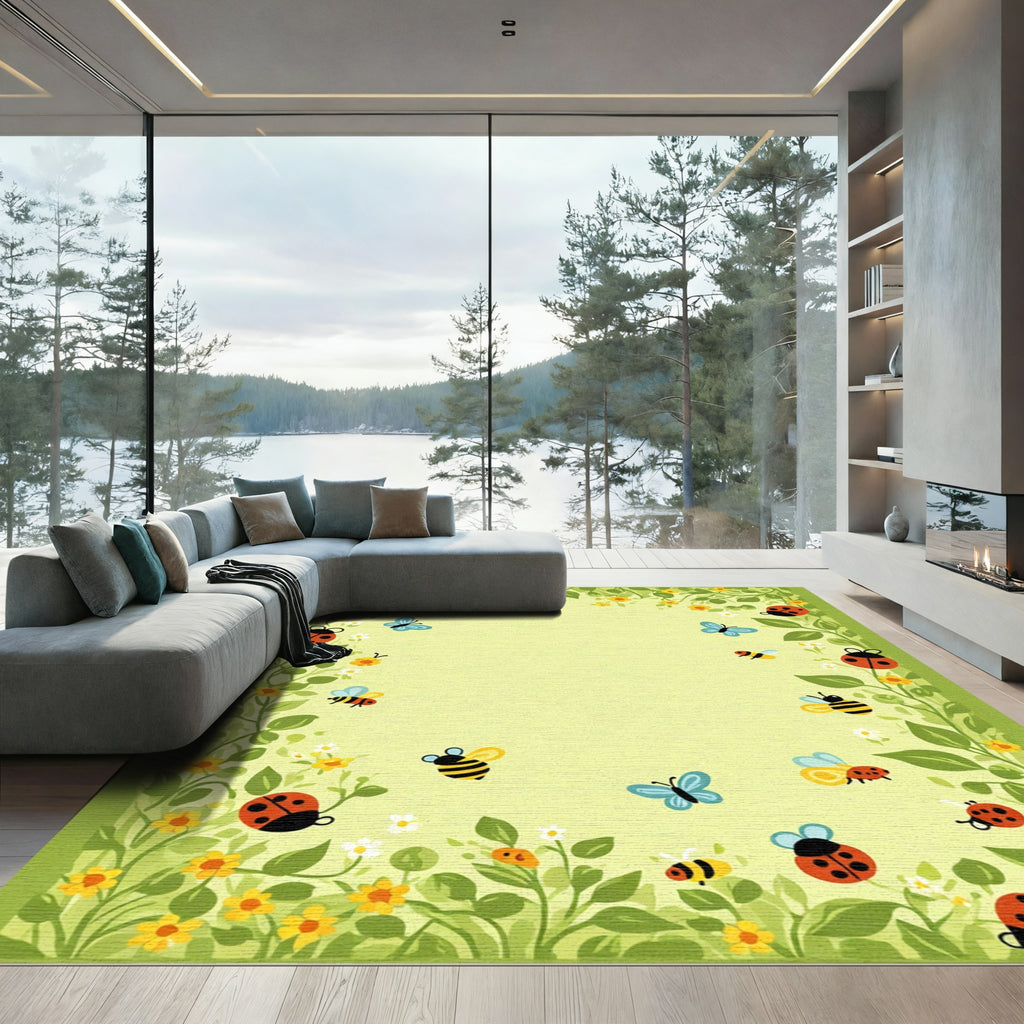 Whimsical Ladybug Butterfly Busy Meadow Rug