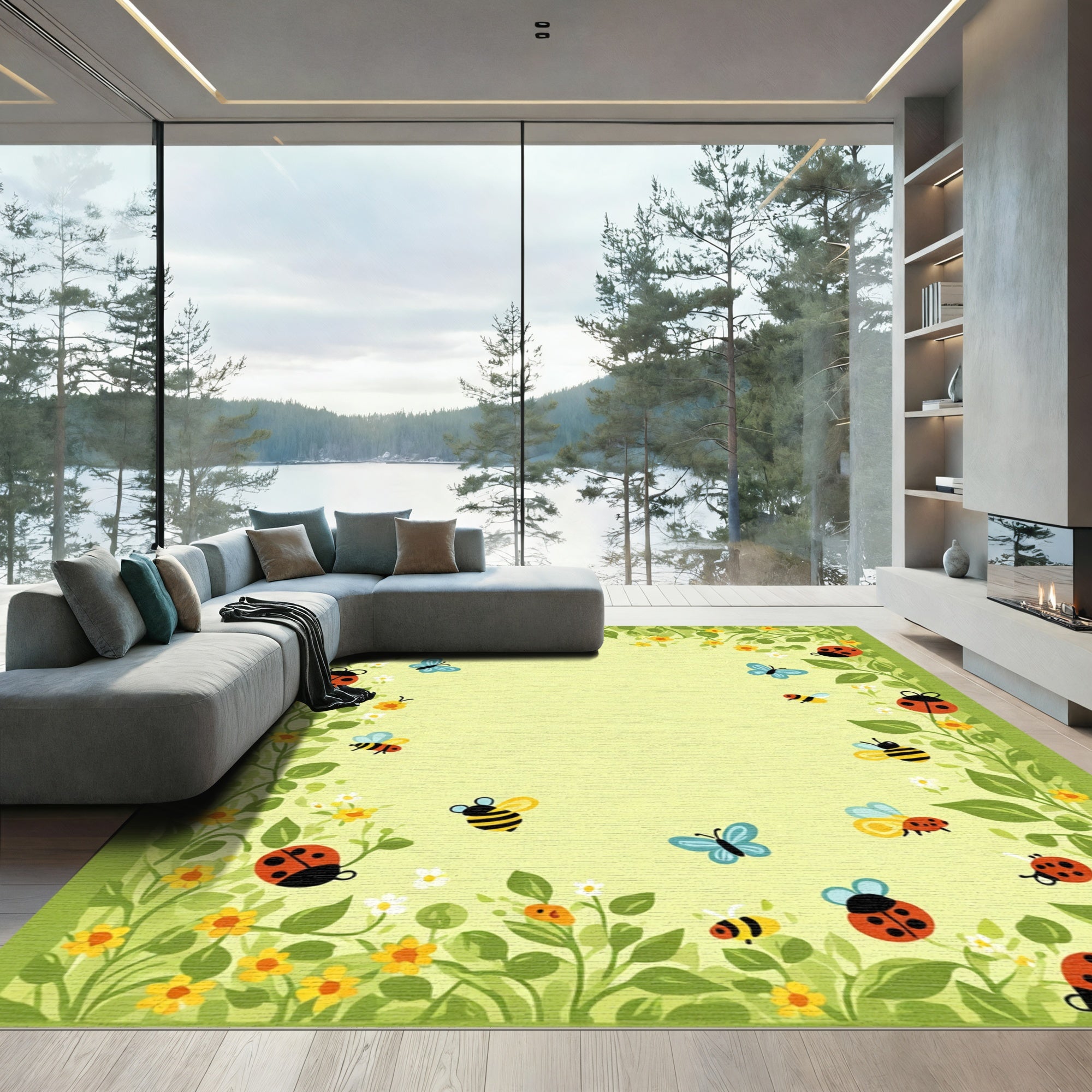 Whimsical Ladybug Butterfly Busy Meadow Rug