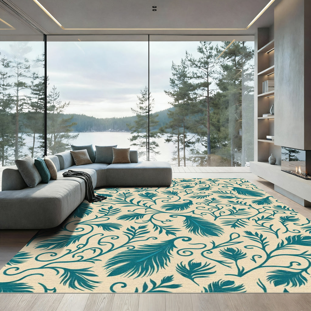 Teal Feather Nouveau Scrollwork Rug