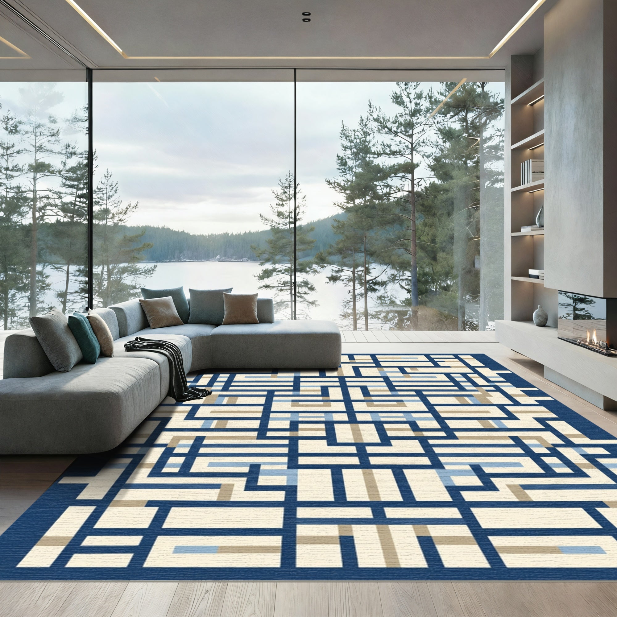 Navy Blue Geometric Lattice Rug