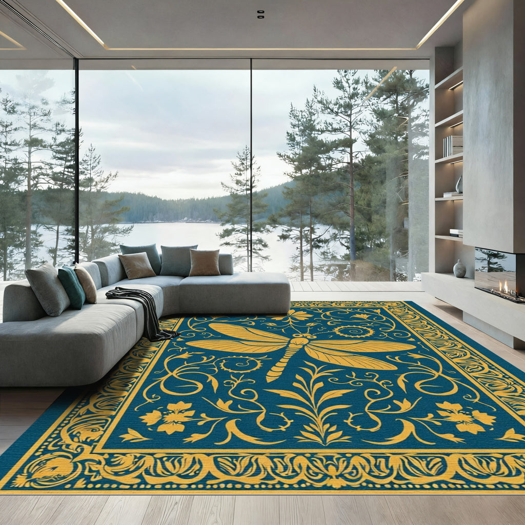 Golden Dragonfly Teal Floral Frame Rug