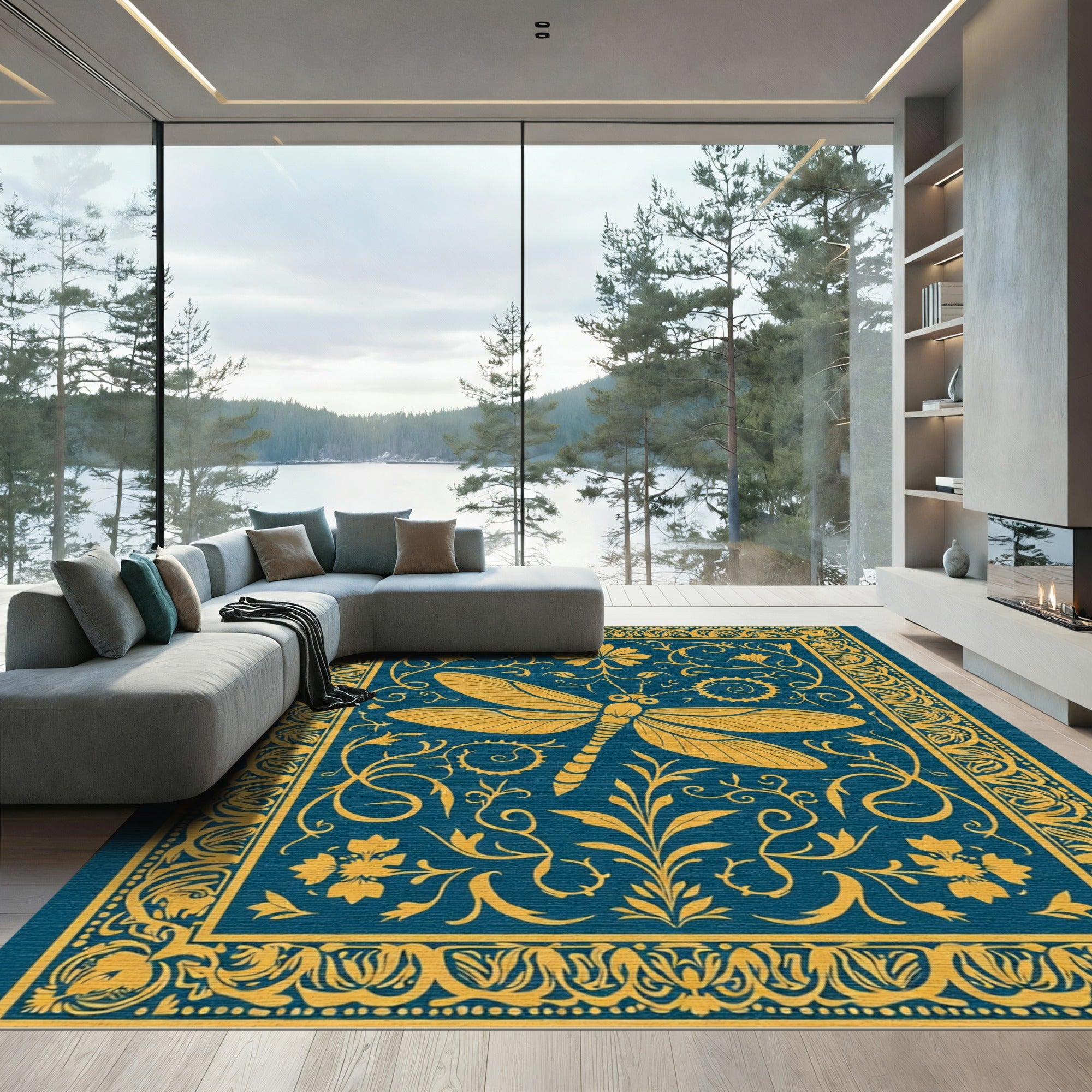 Golden Dragonfly Teal Floral Frame Rug