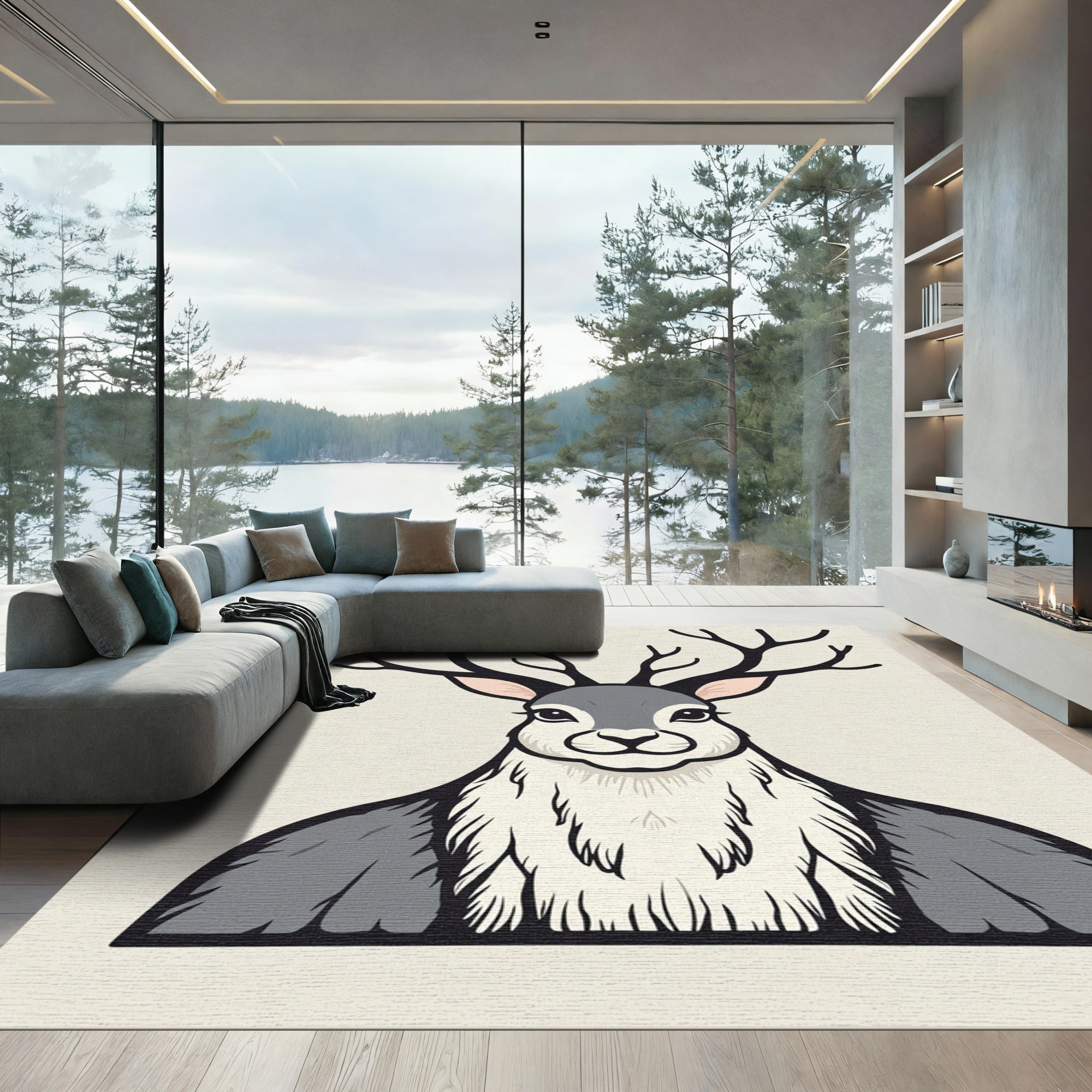 Majestic Antlered Creature Illustration Rug