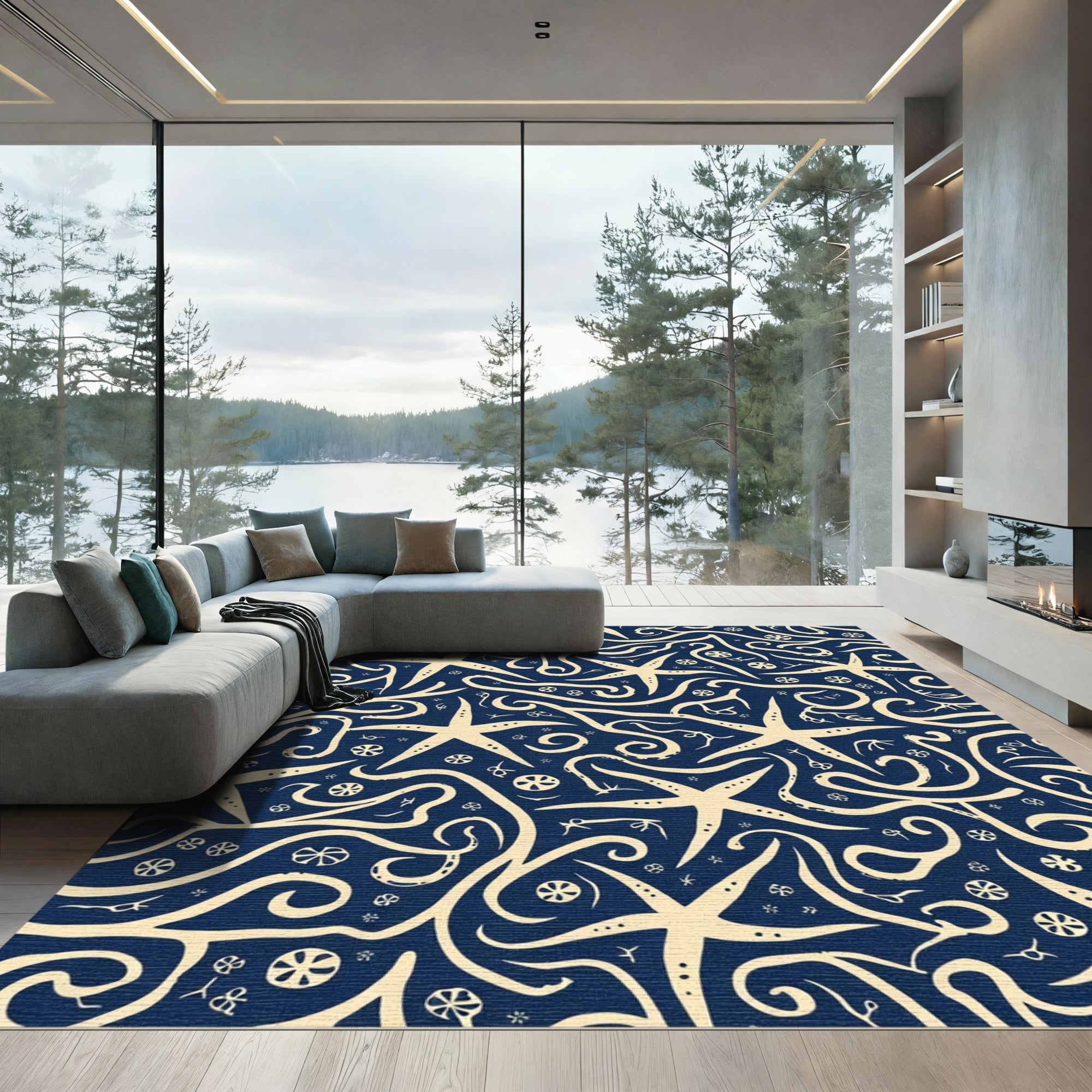 Navy Cream Starfish Swirl Ocean Rug