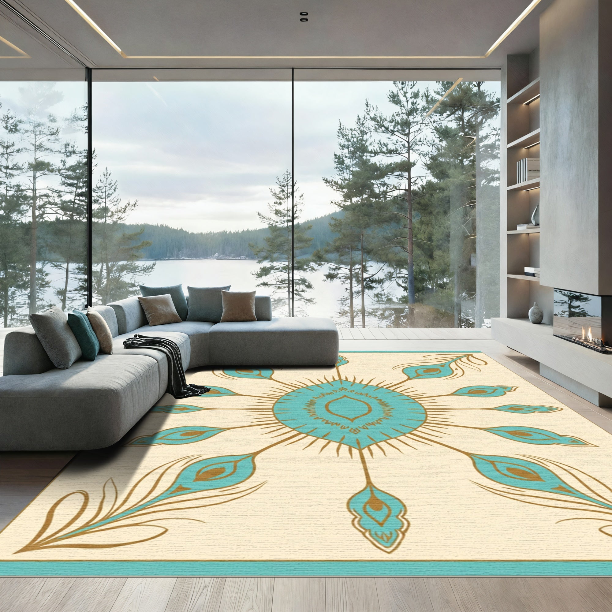 Turquoise Gold Peacock Feather Mandala Rug