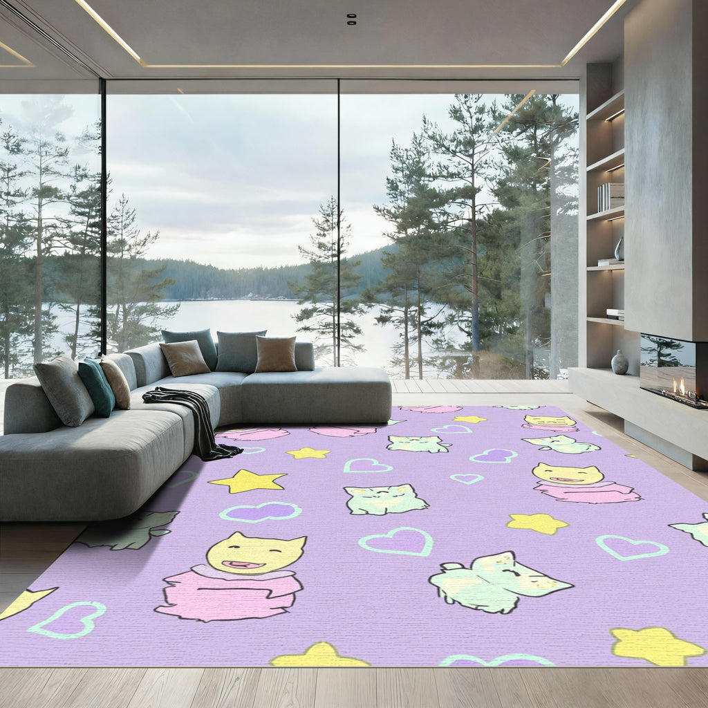 Kawaii Cats Hearts Stars Lavender Pattern Rug