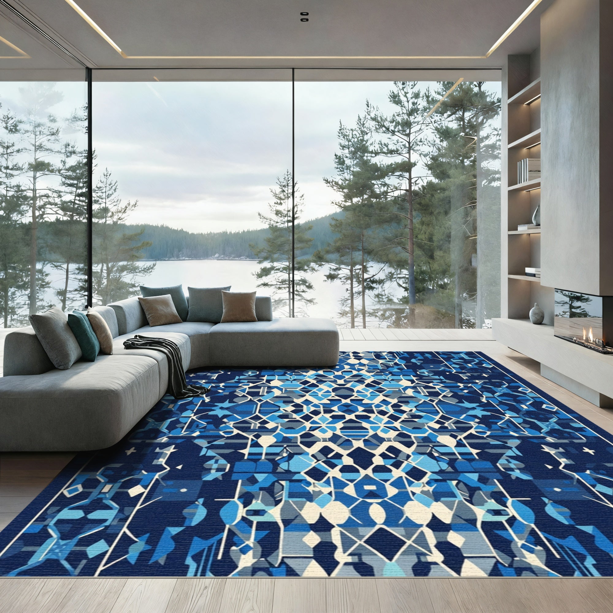 Deep Blue Geometric Abstract Fragment Rug