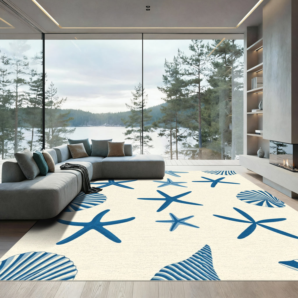 Deep Blue Starfish Seashell Collection Rug